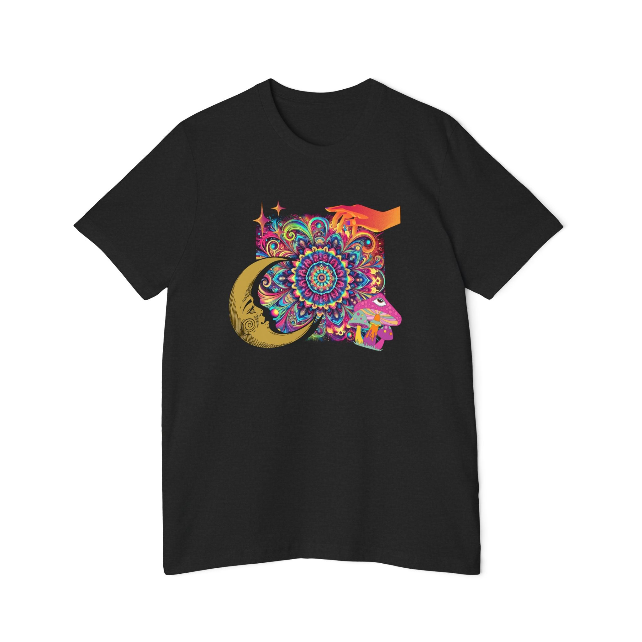 Black T-shirt with colorful psychedelic design featuring a crescent moon, stars, hand, and mushrooms by Doctor T-shirt Studio.