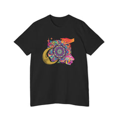 Black T-shirt with colorful psychedelic design featuring a crescent moon, stars, hand, and mushrooms by Doctor T-shirt Studio.