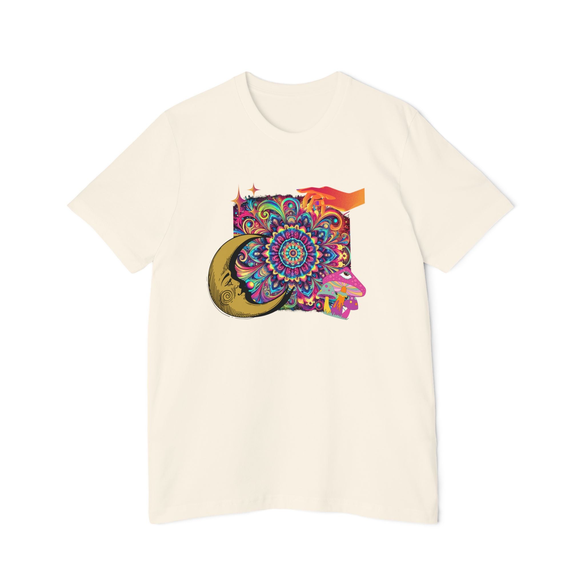 Black T-shirt with colorful psychedelic design featuring a crescent moon, stars, hand, and mushrooms by Doctor T-shirt Studio.