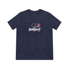 Shine Bright Pink Butterfly Inspirational Comfy Triblend tee with white text and a pink butterfly on a black background.