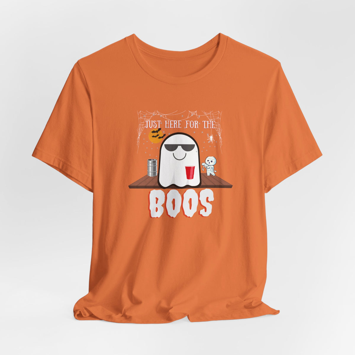 Halloween Tee with Ghost and Mummy Design featuring a ghost with sunglasses and a red cup, perfect for Halloween parties and casual wear.