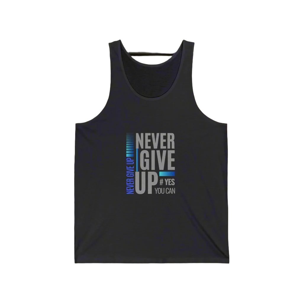 Black Tank top men's, saying" never give up""#yes you can" on 