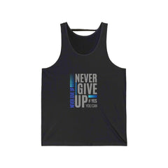 Black Tank top men's, saying" never give up""#yes you can" on 