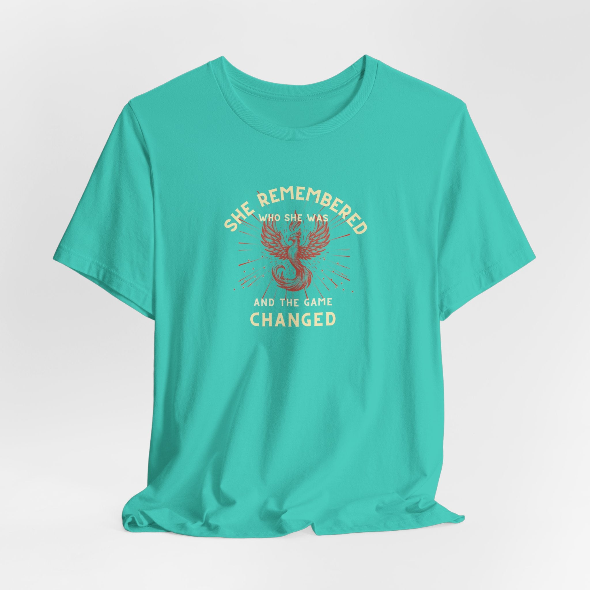 Women's Motivational Quote Tee - Red Phoenix by Doctor T-shirt Studio featuring a red phoenix graphic on a neon green shirt, symbolizing strength and inspiration.