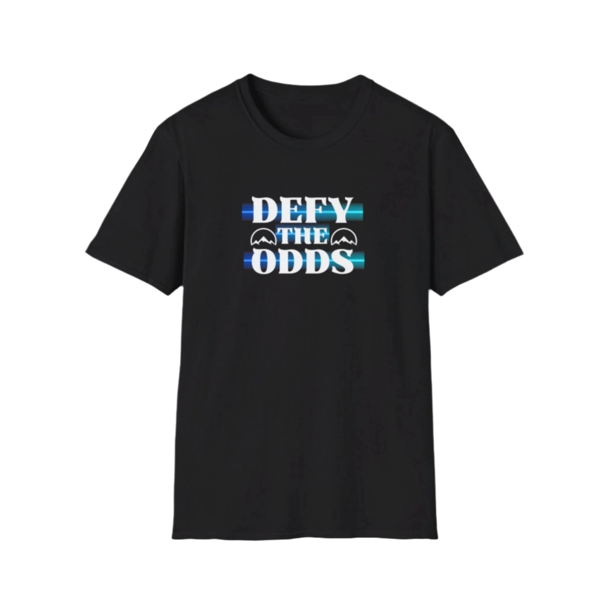 "defey the odds" with mountain logos on it and Blue lights going through the words