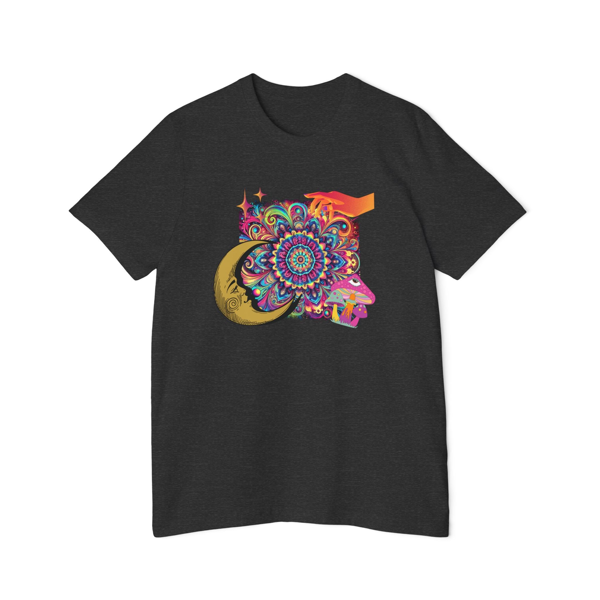 Black T-shirt with colorful psychedelic design featuring a crescent moon, stars, hand, and mushrooms by Doctor T-shirt Studio.