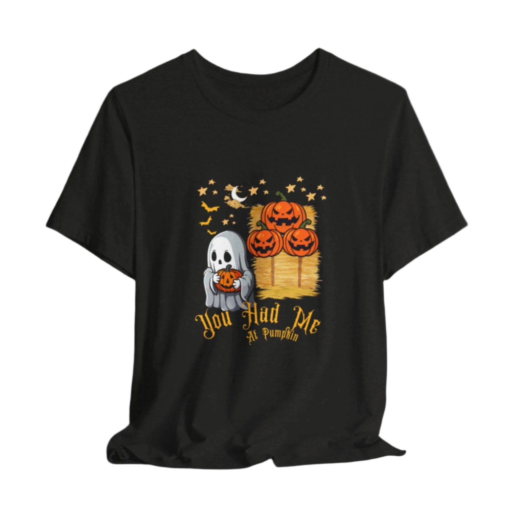 Halloween Tee - Pumpkin Patch Ghost by Doctor T-Shirt Studio: A black t-shirt featuring a cartoon ghost holding a pumpkin, surrounded by additional pumpkins. Perfect for Halloween casual wear.