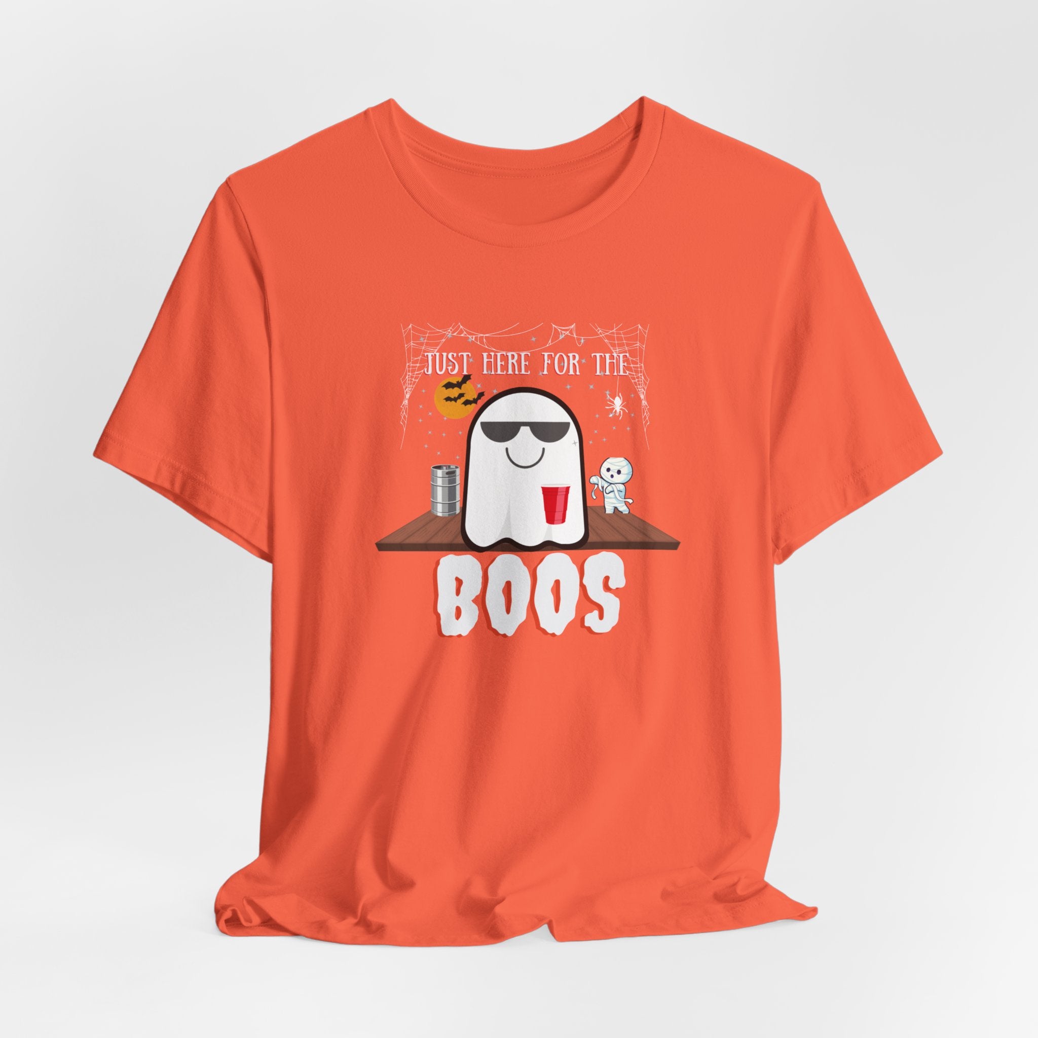 Halloween Tee with Ghost and Mummy Design featuring a ghost with sunglasses and a red cup, perfect for Halloween parties and casual wear.