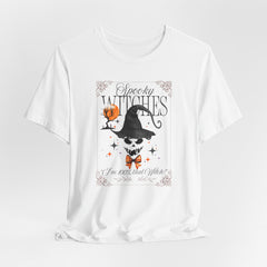 White T-shirt with a skull wearing a hat and bow tie, perfect for Halloween enthusiasts. Made from 100% cotton, featuring side seams and a ribbed knit collar.