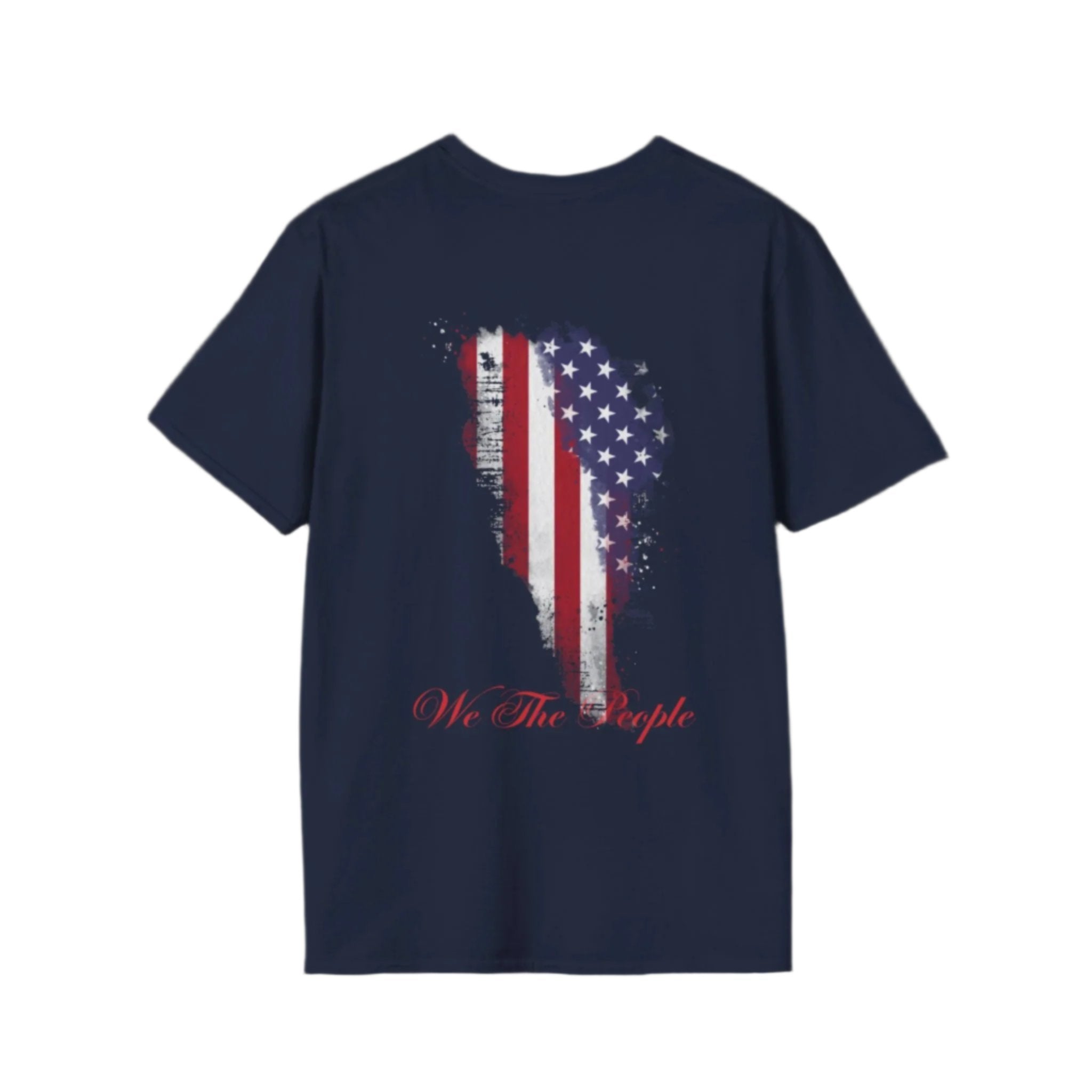 American Flag, "we the People" in red cursive on a navy blue shirt.